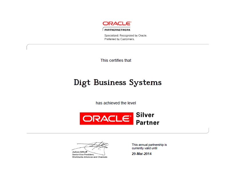 Сертификат Oracle Silver Partner Сертификат Oracle Silver Partner